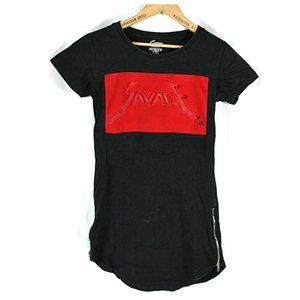 Vintage Y2K Savage Graphic Camp Cotton T Shirt w Zipper Detail Red Black S Long